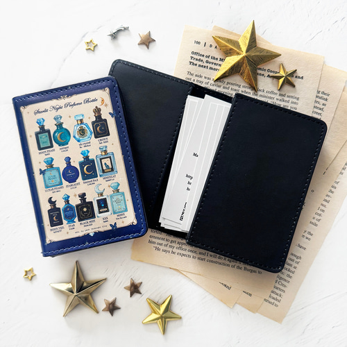 小さな本のような名刺入れ 星空香水瓶 コラージュ瓶柄 | カードケース