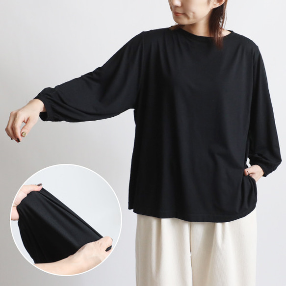 ⁂秋の新作　スムース伸縮ストレッチ Tシャツ カットソー生地　パフ袖　プルオーバー ゆったり　トップス　黒　K14 1枚目の画像