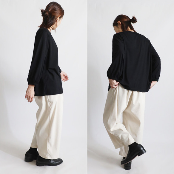 ⁂秋の新作　スムース伸縮ストレッチ Tシャツ カットソー生地　パフ袖　プルオーバー ゆったり　トップス　黒　K14 7枚目の画像