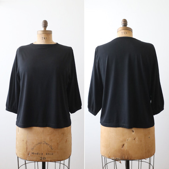 ⁂秋の新作　スムース伸縮ストレッチ Tシャツ カットソー生地　パフ袖　プルオーバー ゆったり　トップス　黒　K14 10枚目の画像
