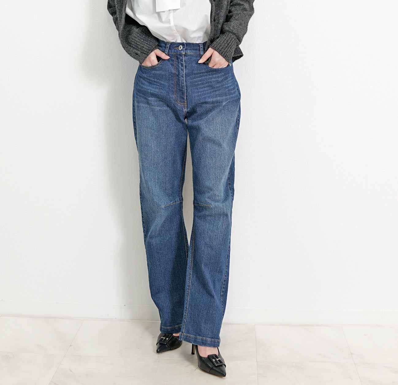 ダーツレッグ パネル切り替え スリム デニム パンツ CH_hdmn