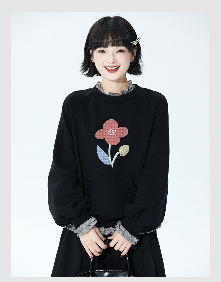 秋冬ブラックフラワープリント長袖ニット衛衣
