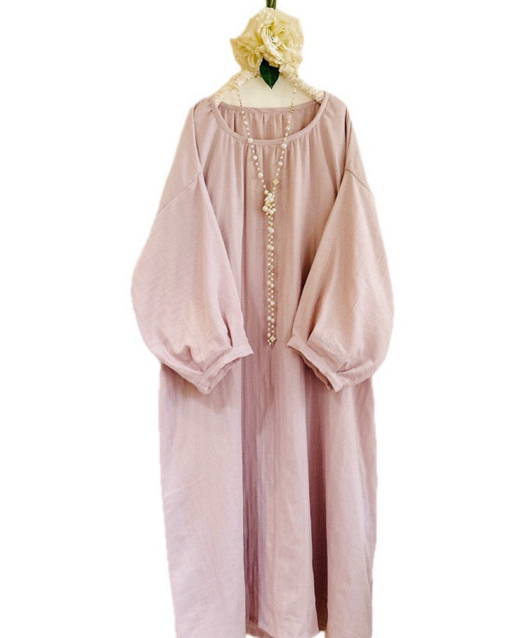 新作❤️ふわふわ大人のWガーゼ♡バルーンスリーブ袖すっぽりかぶれる楽ちんワンピース ❤️ライラック