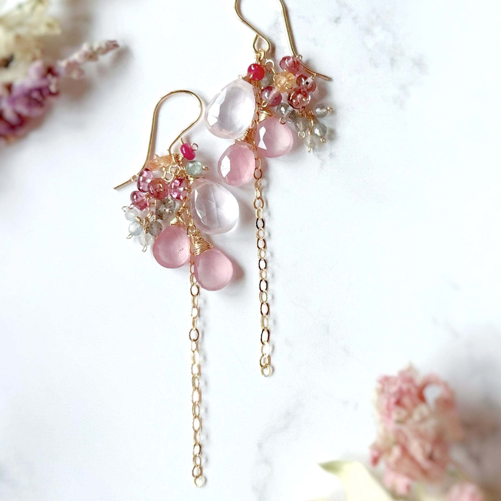 高品質◇2種類のローズクォーツのシャンデリアピアス◇14kgf