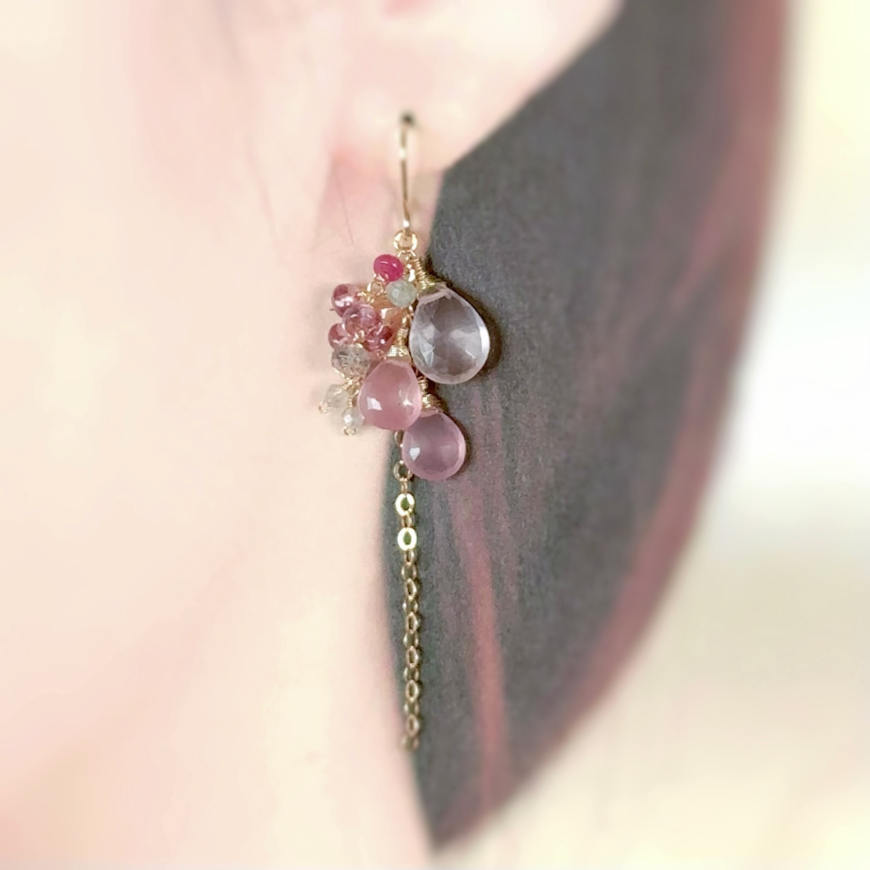 高品質◇2種類のローズクォーツのシャンデリアピアス◇14kgf