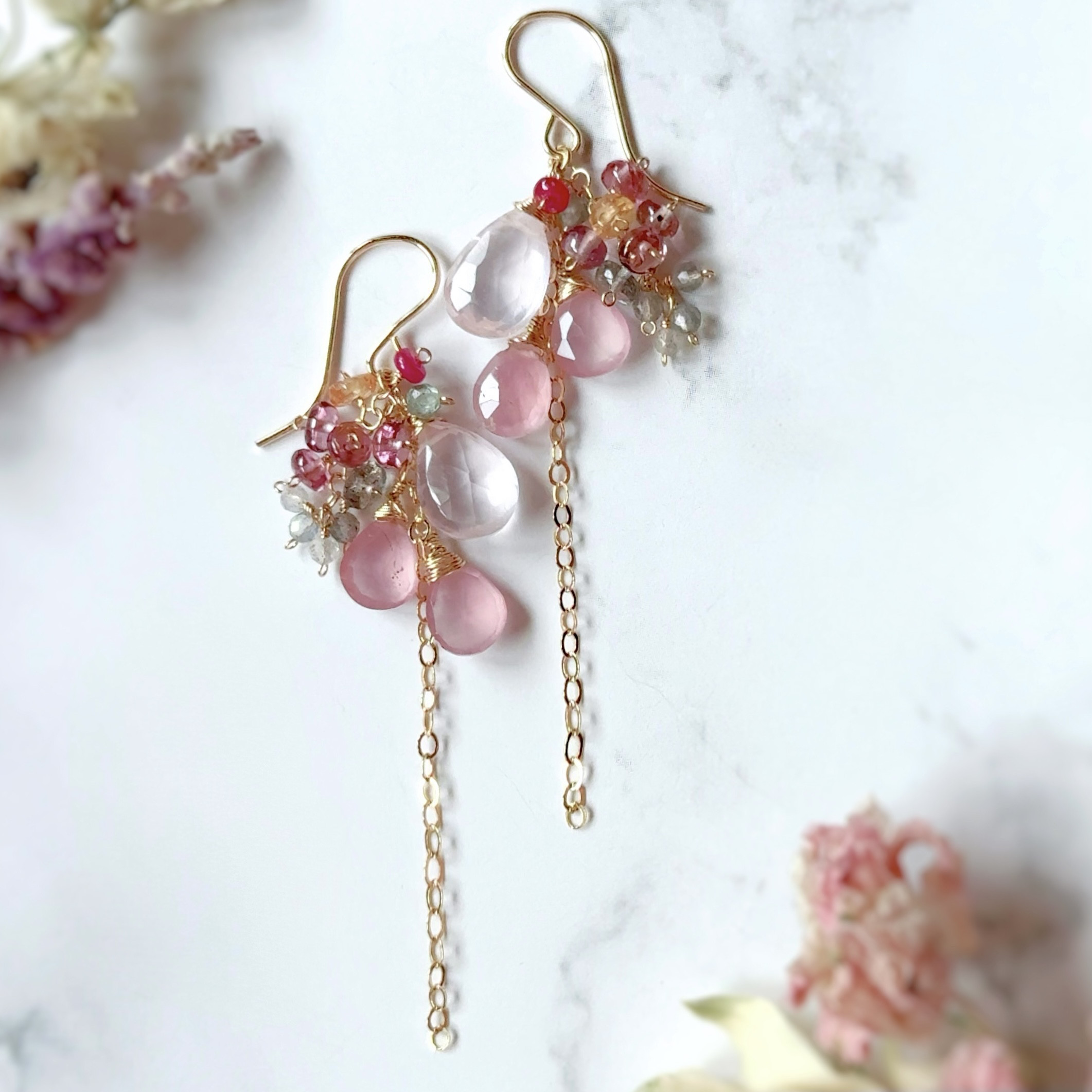 高品質◇2種類のローズクォーツのシャンデリアピアス◇14kgf