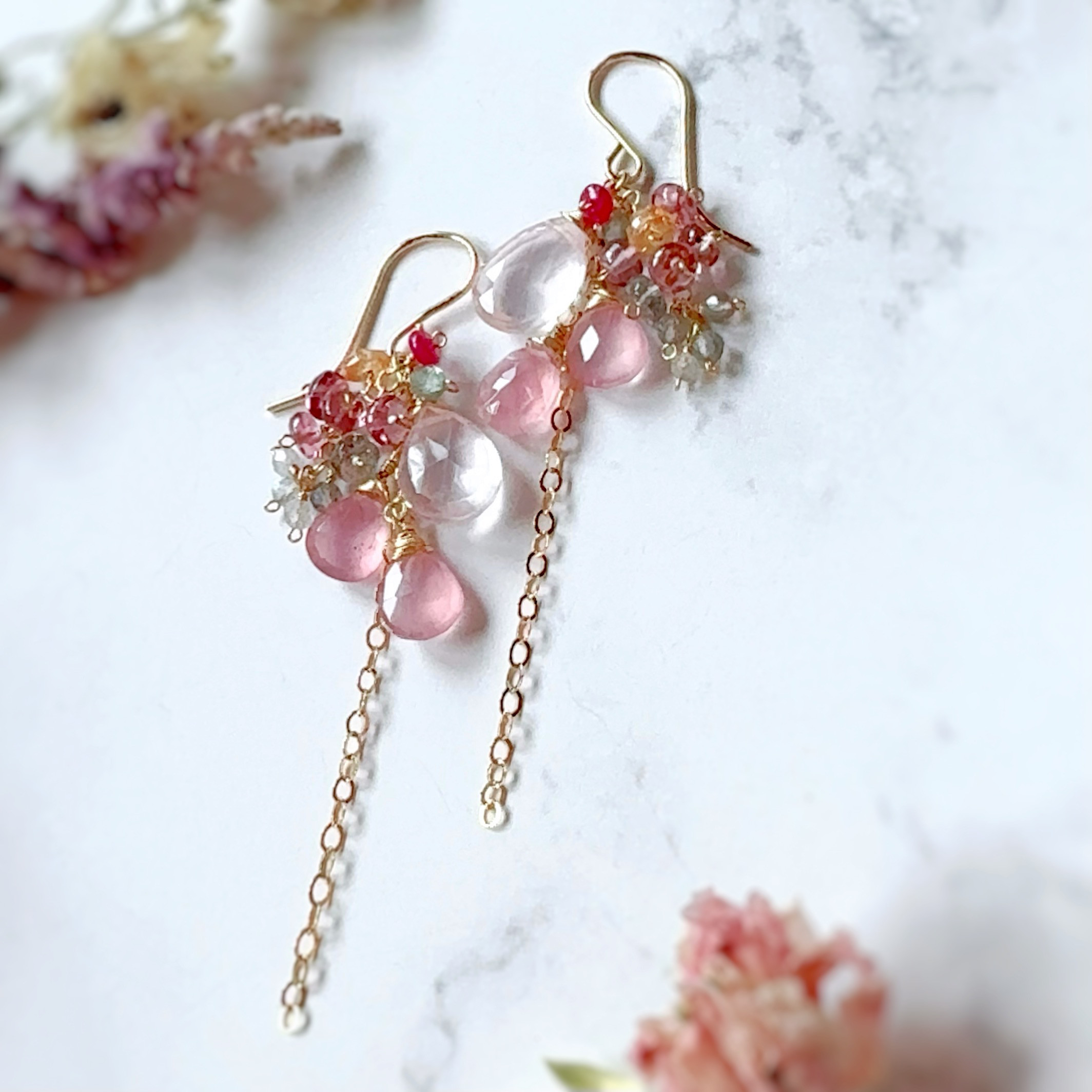 高品質◇2種類のローズクォーツのシャンデリアピアス◇14kgf