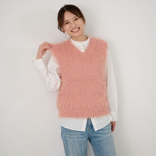 ﾓﾘﾉｶﾞｯｺｳ 洗えるふわふわニット シャギーニットベスト（くすみピンク