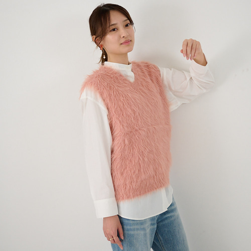 ﾓﾘﾉｶﾞｯｺｳ 洗えるふわふわニット シャギーニットベスト（くすみピンク