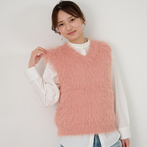 ﾓﾘﾉｶﾞｯｺｳ 洗えるふわふわニット シャギーニットベスト（くすみピンク