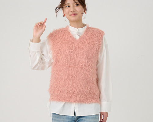 ジーフォア ピンク WASHABLE ニットベスト 正規品 ﾓﾘﾉｶﾞｯｺｳ 洗えるふわふわニット シャギーニットベスト（くすみピンク