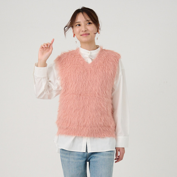 ﾓﾘﾉｶﾞｯｺｳ 洗えるふわふわニット シャギーニットベスト（くすみピンク