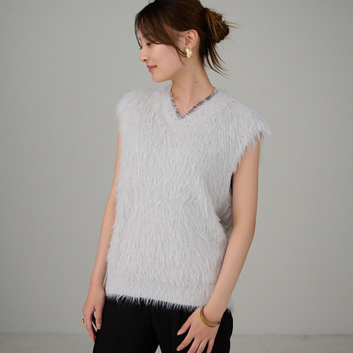 ﾓﾘﾉｶﾞｯｺｳ 洗えるふわふわニット シャギーニットベスト（ライトグレー