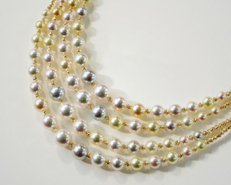 【ルミナ】3.5～7mmの日本製アコヤ天然海水真珠ビーズネックレス。ミックスカラーデザイン。18Kゴールド。キラキラ輝く効果。エ