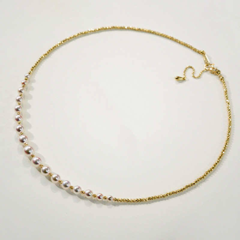 【ルミナ】3.5-7mmの日本製アコヤ天然海水真珠ネックレス。ピンクとホワイトの無地、18Kゴールドデザイン、きらめく効果があり