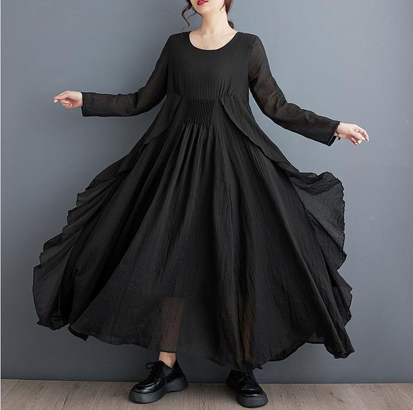 【美品】プリーツプリーズ ロングワンピース マキシ丈 長袖 大きいサイズ XL 大きいサイズ 新品 3L前後 黒 ロングワンピース マキシ丈ワンピース