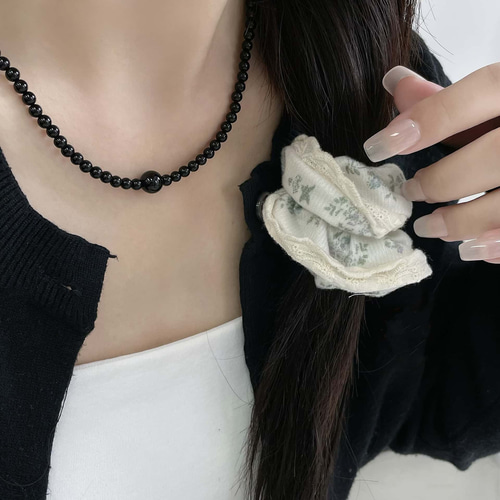 天然ブラックオニキス×925銀|アクセントビーズネックレス シンプルで