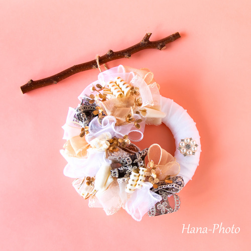 新作＞秋色シックな大人のリボン・リース リース台：約15㎝ (518