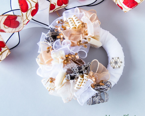 新作＞秋色シックな大人のリボン・リース リース台：約15㎝ (518