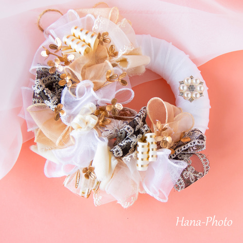 新作＞秋色シックな大人のリボン・リース リース台：約15㎝ (518