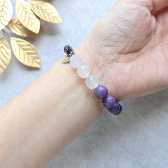 ⭐レピドライト⭐ブラックオニキス⭐ホワイトカルセドニーのシックなブレスレット 15枚目の画像