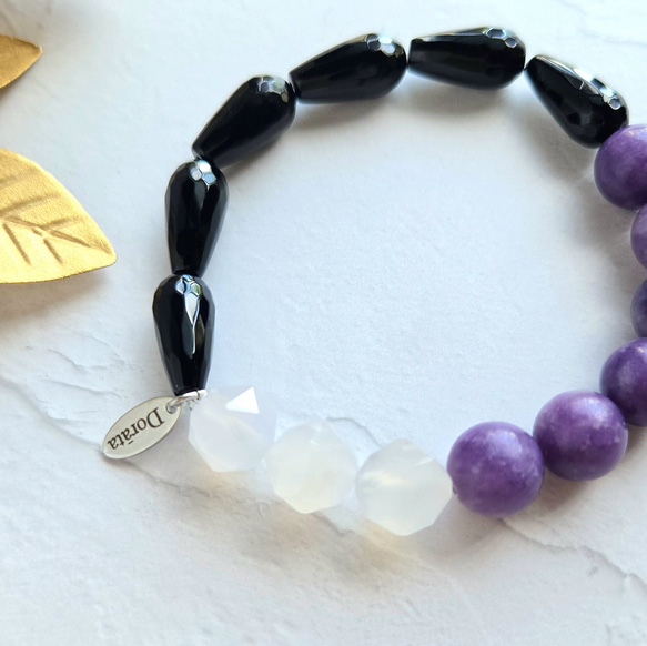 ⭐レピドライト⭐ブラックオニキス⭐ホワイトカルセドニーのシックなブレスレット 8枚目の画像