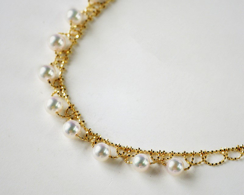 ルミナ 5.5-6mm 日本製アコヤ天然海水真珠ネックレス、18K ゴールド、絶妙なレースデザイン、エレガントで上品、普段使いや