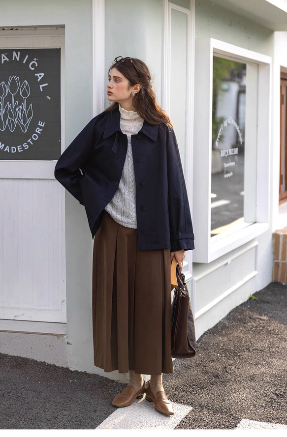 2色 きれいめ オトナ女子のショート丈コート【春秋】ネイビーブルー・ベージュ 14枚目の画像