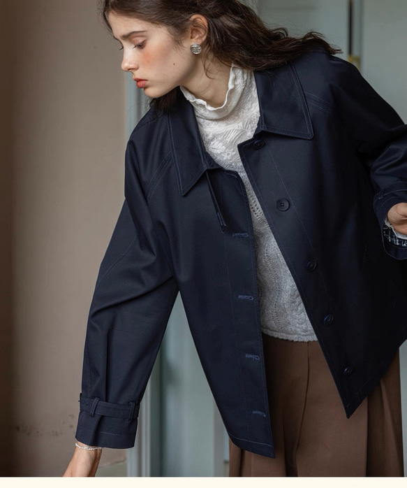 2色 きれいめ オトナ女子のショート丈コート【春秋】ネイビーブルー・ベージュ 9枚目の画像