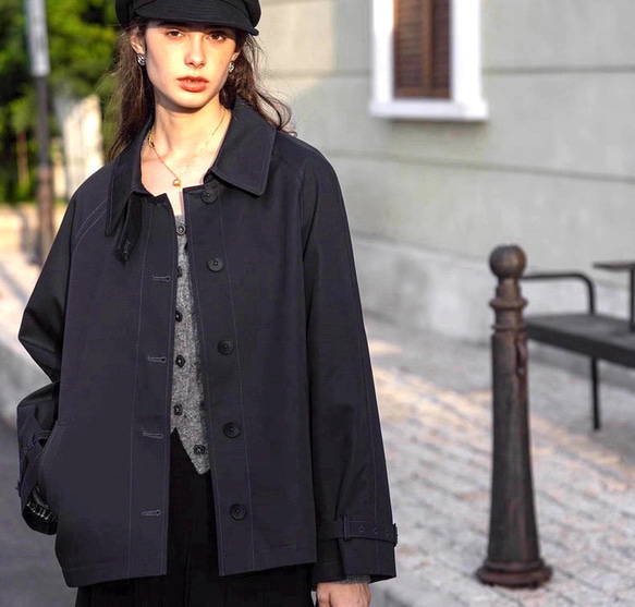 2色 きれいめ オトナ女子のショート丈コート【春秋】ネイビーブルー・ベージュ 10枚目の画像