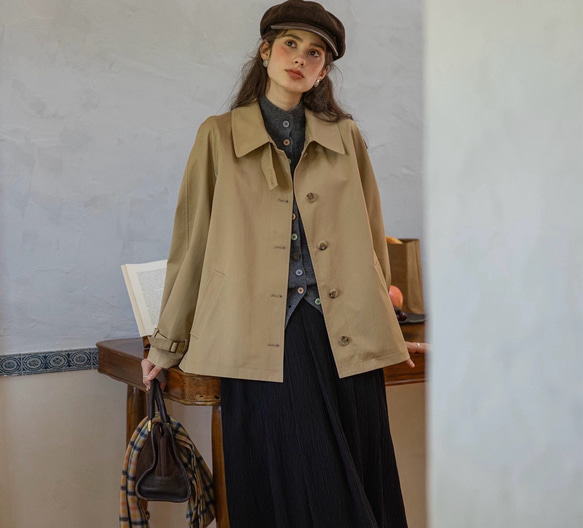 2色 きれいめ オトナ女子のショート丈コート【春秋】ネイビーブルー・ベージュ 12枚目の画像