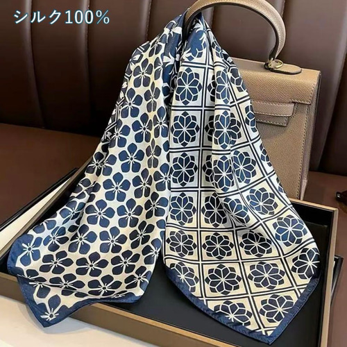 ネイビーホワイト花柄スカーフ100%シルク 約68cm 正方形薄手 大判