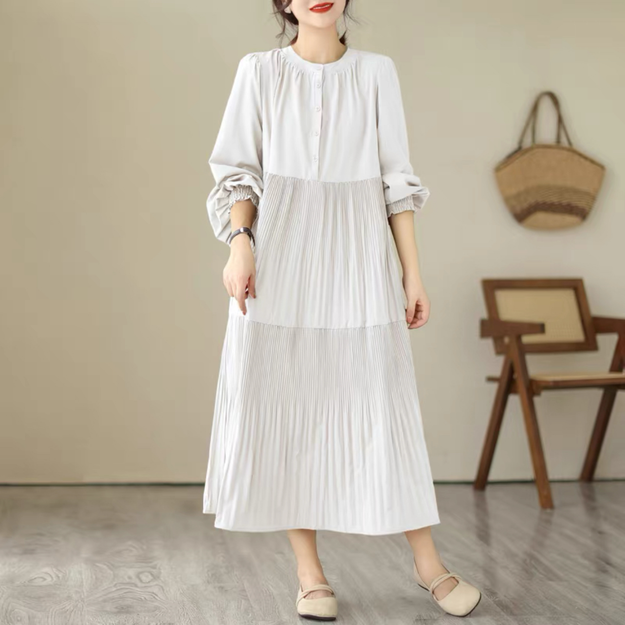 春秋ワンピース  ﻿大人カジュアルワンピース 綿麻ワンピース