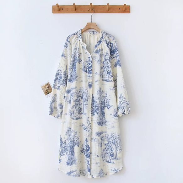 パジャマ レディース 前開き ワンピース 寝巻き 長袖 ネグリジェ 部屋着 ダブルガーゼ ロングカーディガン 1枚目の画像