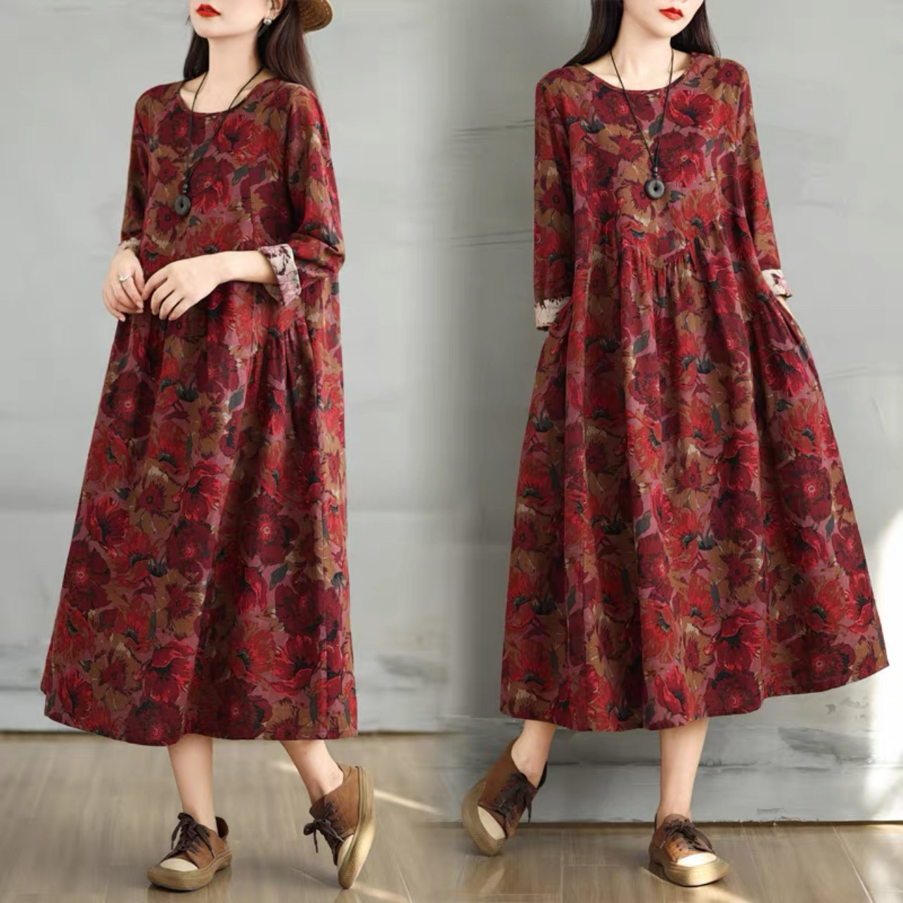 春秋ワンピース  ﻿大人カジュアルワンピース 綿麻ワンピース