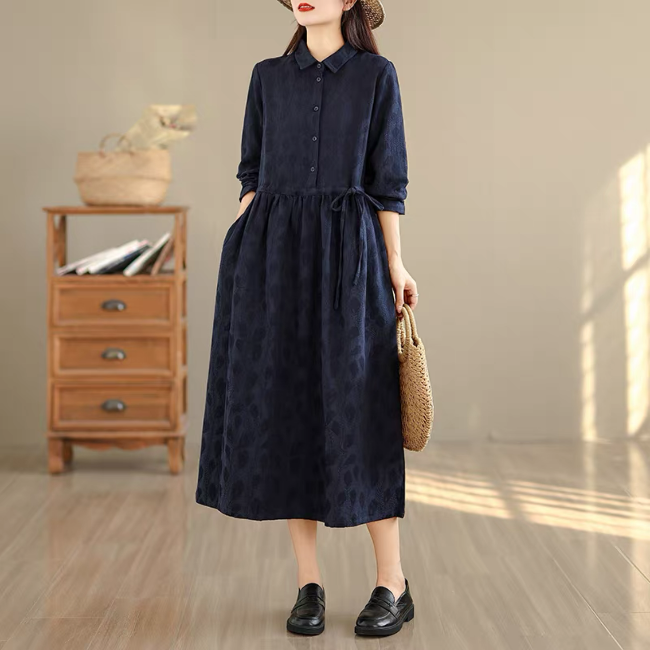 春秋ワンピース  ﻿大人カジュアルワンピース 綿麻ワンピース