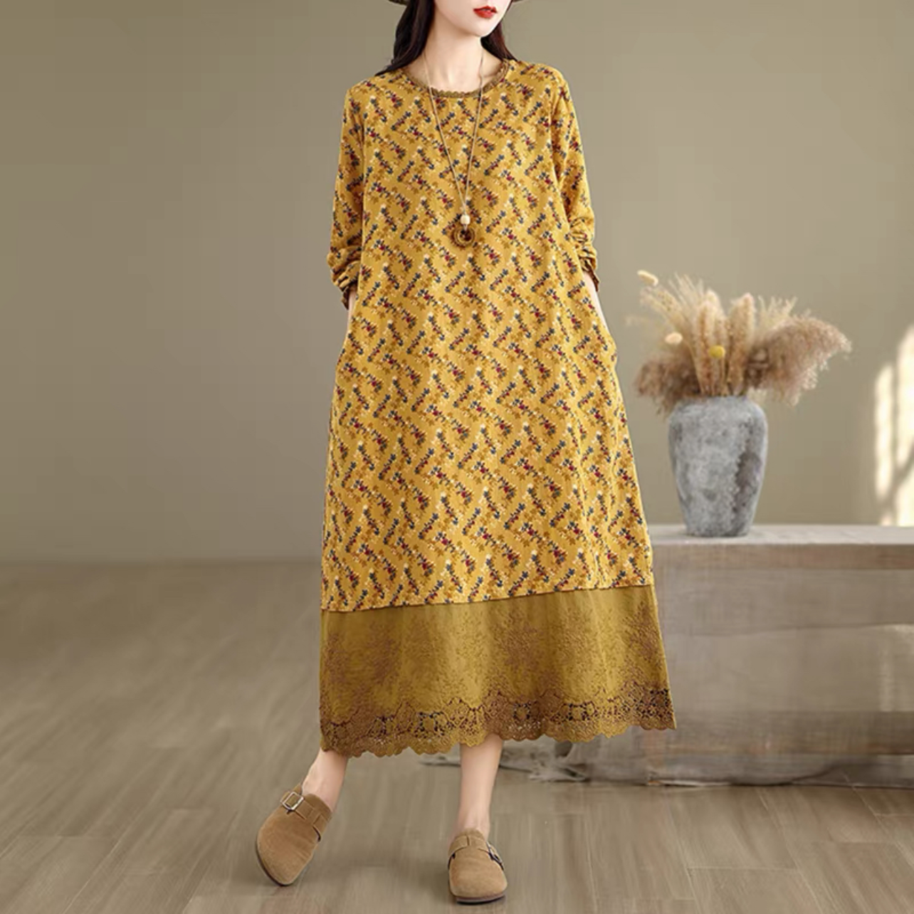 春秋ワンピース  ﻿大人カジュアルワンピース 綿麻ワンピース