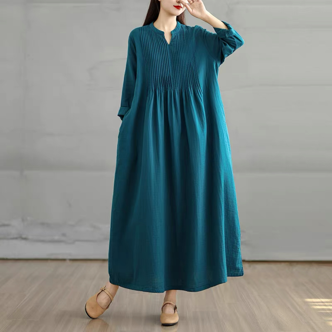 春秋ワンピース  ﻿大人カジュアルワンピース 綿麻ワンピース