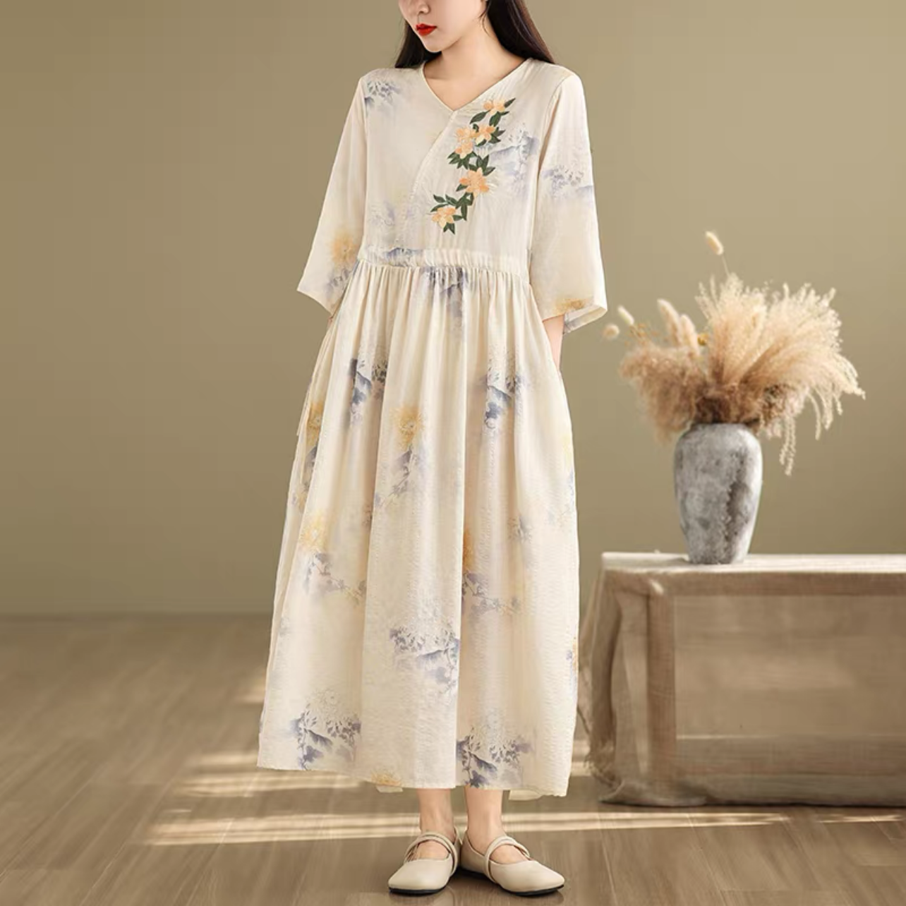 春秋ワンピース  ﻿大人カジュアルワンピース 綿麻ワンピース