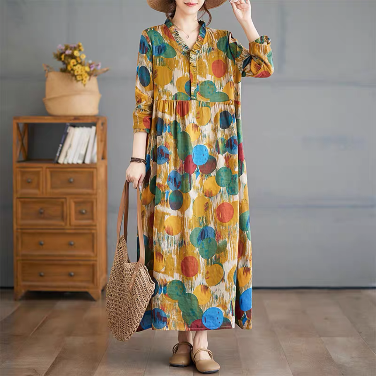 春秋ワンピース  ﻿大人カジュアルワンピース 綿麻ワンピース