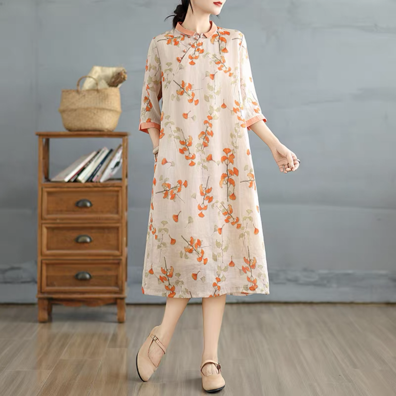 春秋ワンピース  ﻿大人カジュアルワンピース 綿麻ワンピース