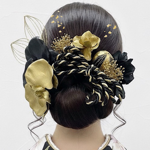 胡蝶蘭髪飾り ブラックゴールド 成人式髪飾り 卒業式髪飾り 結婚式髪