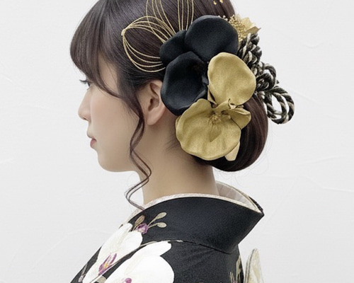 胡蝶蘭髪飾り ブラックゴールド 成人式髪飾り 卒業式髪飾り 結婚式髪