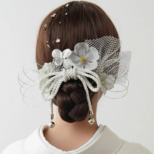 成人式髪飾り クリアフラワー ホワイト×シルバー 髪飾り 成人式 卒業式