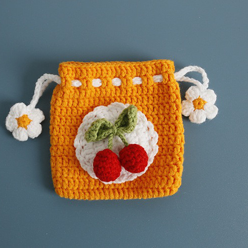 新品】手作り·手編み 毛糸ポーチ チェリーモチーフ 巾着袋【フルーツ