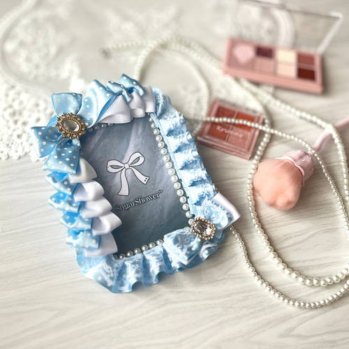 訳あり アウトレット】水色ドット×白レース 硬貨ケース 硬質ケース