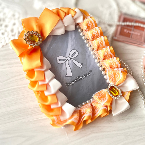 訳ありアウトレット】B7硬貨ケースデコ オレンジリボン×白レース