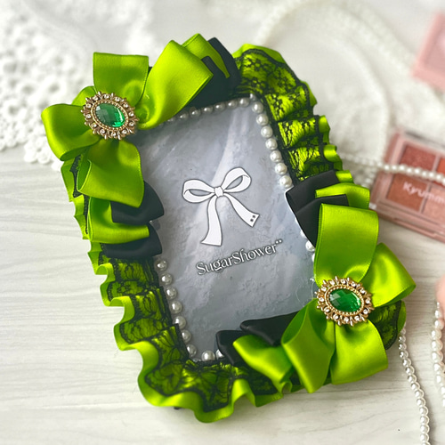 訳ありアウトレット】新緑リボン×黒レース＊B7硬質ケースデコ＊上品