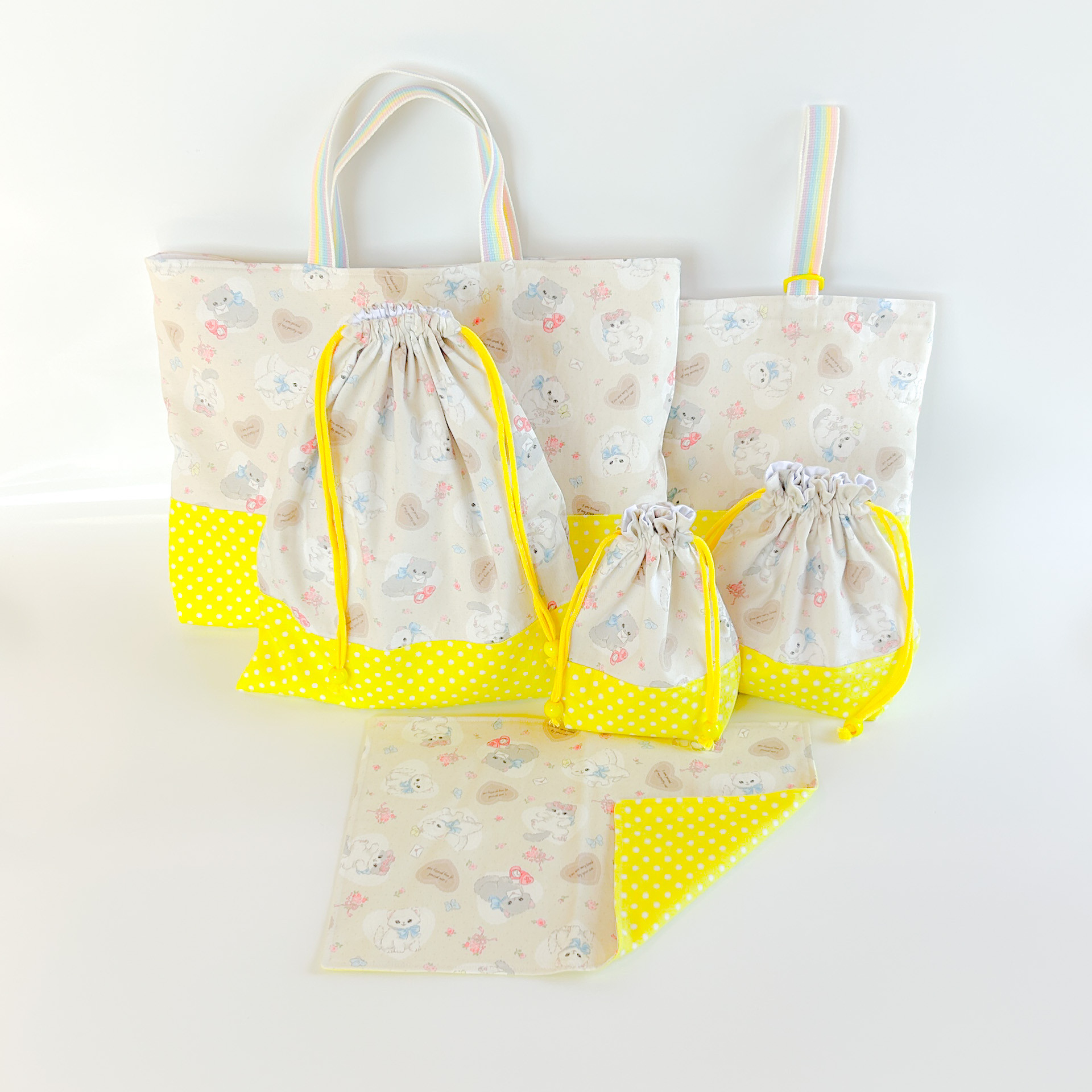 入園入学6点セット【ラブリーねこちゃん柄】　イエロー色　(4点セット+コップ袋、ランチョンマット)オーダー・名入れ可