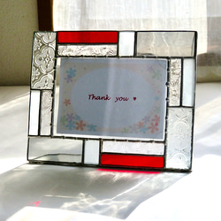  フォトフレーム グラス ステンドグラス ＊〜ポジャギ風〜クリアとグレーと赤のフォトフレーム